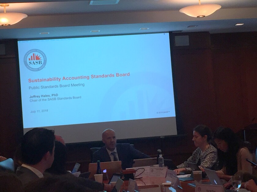SASB Standards Board chair Jeffrey Hales leads its meeting at Fordham University in New York