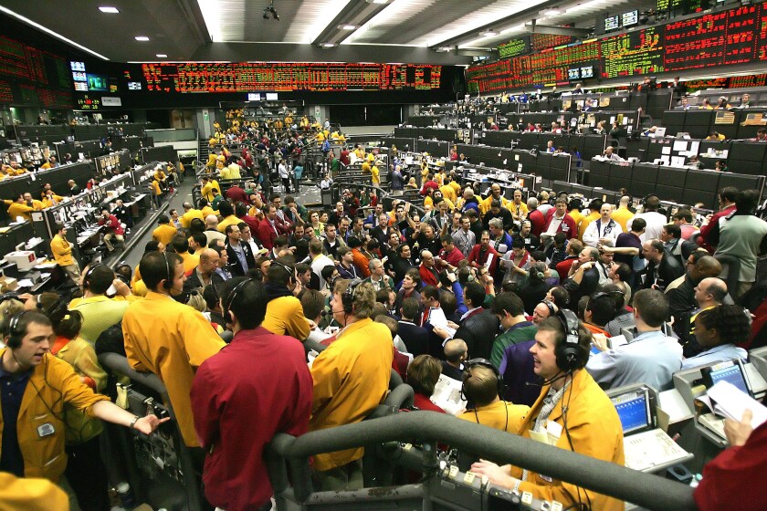 Traders work on the Eurodollars Options floor at the Chicago Mercantile Exchange.