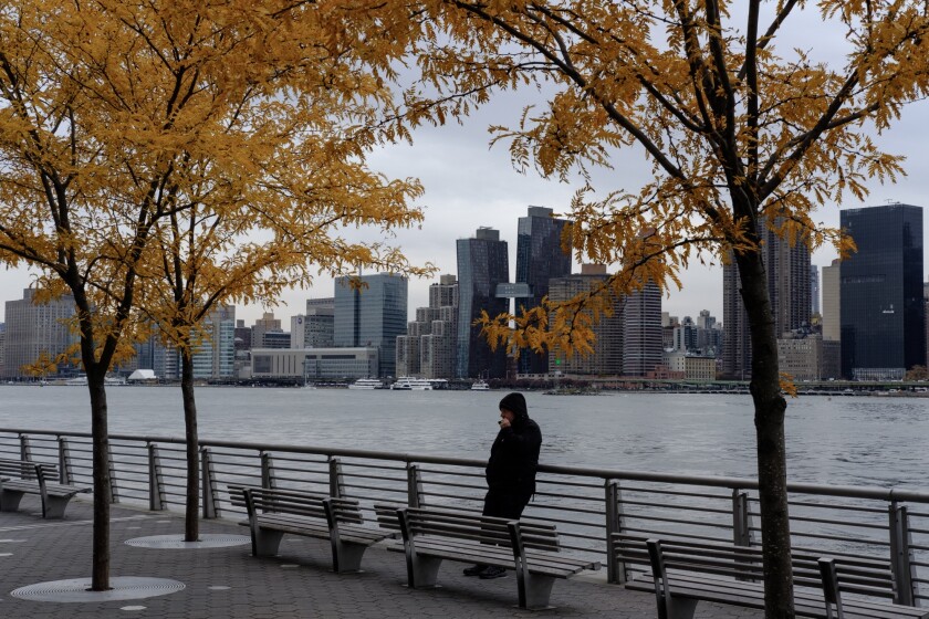 The Manhattan skyline as seen from Gantry Plaza State Park in the Long Island City neighborhood in Queens