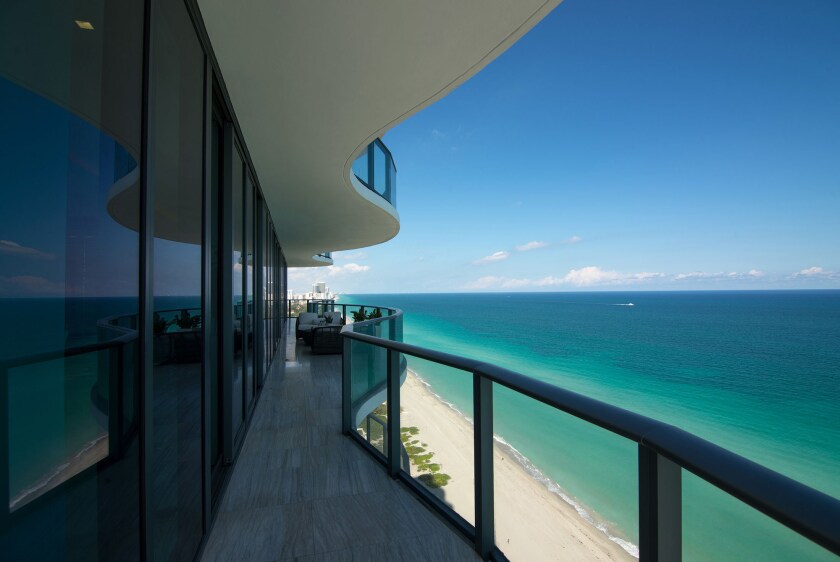 Views of the ocean and beach are seen from the Regalia luxury condominium in Miami Beach, Florida.