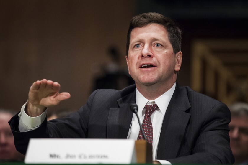 Jay Clayton, SEC chair nominee for Trump, testifies during a Senate Banking Committee confirmation hearing Bloomberg News