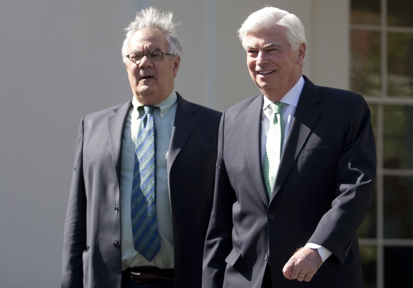 Former Rep. Barney Frank, D-Mass., and former Sen. Chris Dodd, D-Conn., before passage of the Dodd-Frank Act of 2010