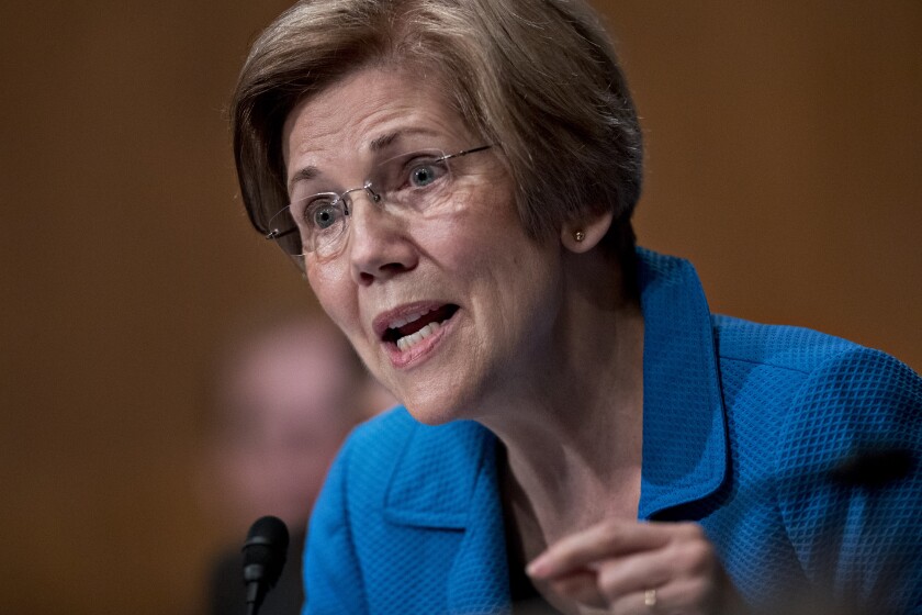 Democrat Senator Elizabeth Warren, questions Janet Yellen, chair of the U.S. Federal Reserve, not pictured, during a Senate Banking Committee hearing in Washington, D.C., on Thursday, July 13, 2017