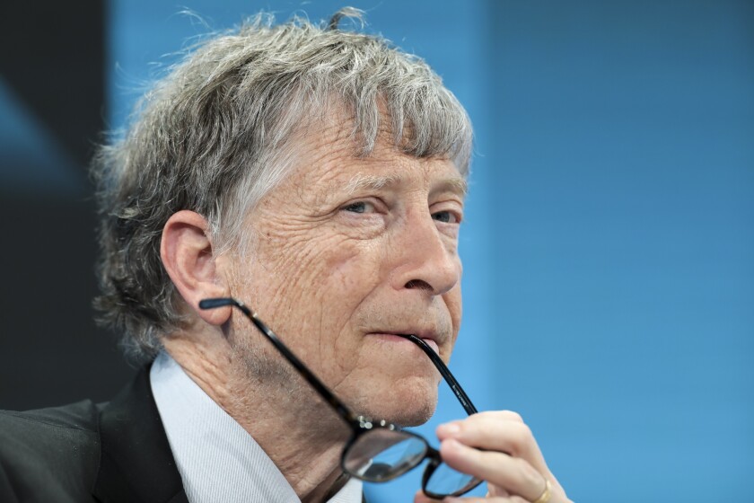 Bill Gates, billionaire and co-chair of the Bill and Melinda Gates Foundation, pauses during a panel session on the opening day of the World Economic Forum in Davos, Switzerland.