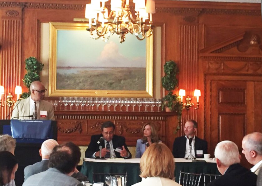 Former NYSSCPA president J. Michael Kirkland (l) moderated a panel of managing partners at the Accountants Club of America meeting with (left to right) Bart Raffaele of Gruber Palumberi Raffaele Fried, Patricia Cummings of Citrin Cooperman, and Mark Goodman of Janover.