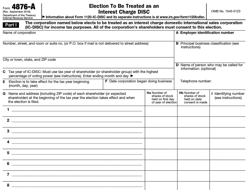 IRS form 4876-A for a domestic international sales corporation, also known as DISC.