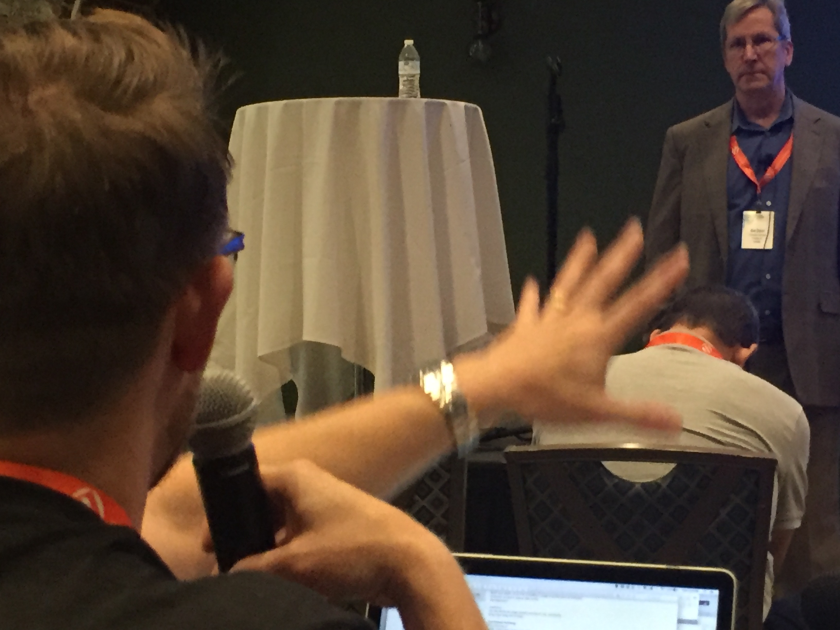 Bill Winterberg questions Robert Bolen, CEO of Touchstone Pathway, during the XY Planning Network's 2018 fintech competition.