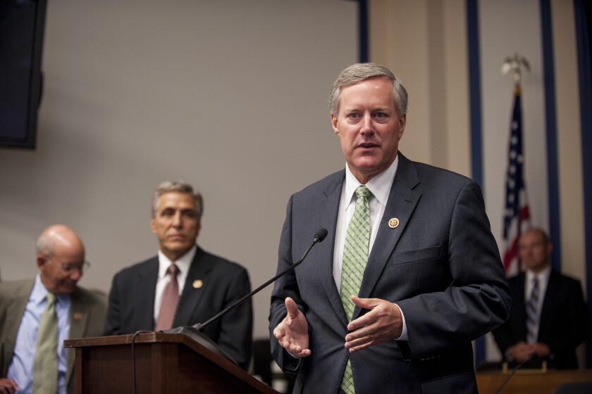 Representative Mark Meadows, a Republican from North Carolina, speaks during a news conference with fellow members of the House Transportation and Infrastructure Committee, in Washington, D.C., U.S., on Wednesday, Sept. 17, 2014.
