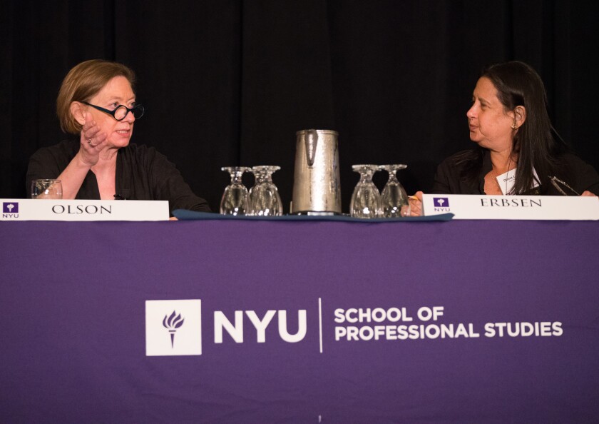 National Taxpayer Advocate Nina Olson (left) being interviewed by Diana Erbsen, a partner at DLA Piper, at the NYU Tax Controversy Forum