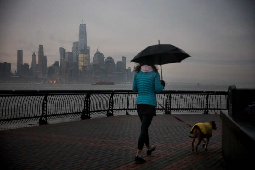 Buildings in the Lower Manhattan skyline as seen from Hoboken, New Jersey