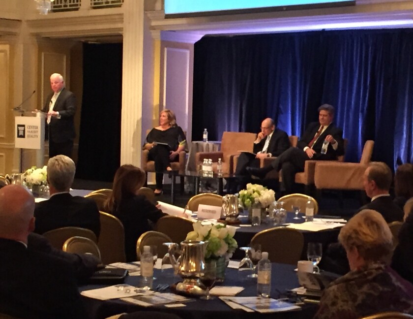 Former NACD CEO Ken Daly (left), CAQ executive director Cindy Fornelli, Grant Thornton International CEO Ed Nusbaum and former Ernst & Young CEO James Turley