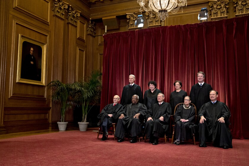 Justices of the U.S. Supreme Court on Friday, Nov, 30, 2018. Seated from left: Associate Justice Stephen Breyer, Associate Justice Clarence Thomas, Chief Justice John Roberts, Associate Justice Ruth Bader Ginsburg and Associate Justice Samuel Alito Jr. Standing from left: Associate Justice Neil Gorsuch, Associate Justice Sonia Sotomayor, Associate Justice Elena Kagan, and Associate Justice Brett Kavanaugh.