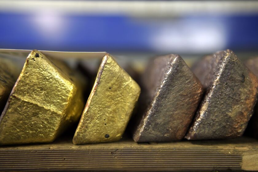 Anodes of gold sit in the vault at the Perth MInt Refinery in Perth, Western Australia, on Thursday, Aug. 9, 2018. Photographer: Carla Gottgens/Bloomberg