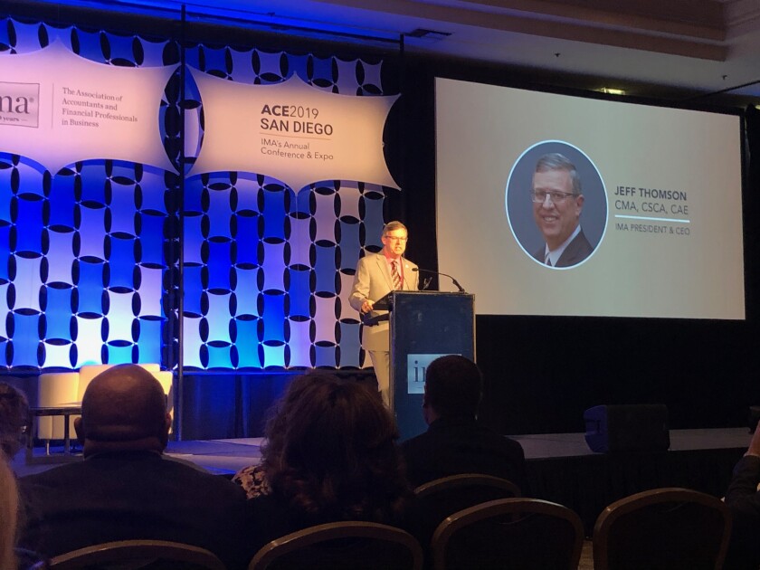 Institute of Management Accountants president and CEO Jeff Thomson speaking at the IMA's Annual Conference and Expo during its 100th anniversary in San Diego.