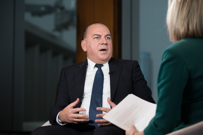 Axel Weber, chairman of UBS Group AG, gestures while speaking during a Bloomberg Television interview in London, U.K., on Monday, Nov. 12, 2018. Weber said European banks need to get bigger to compete with their U.S. counterparts, adding to calls for consolidation in the industry.
