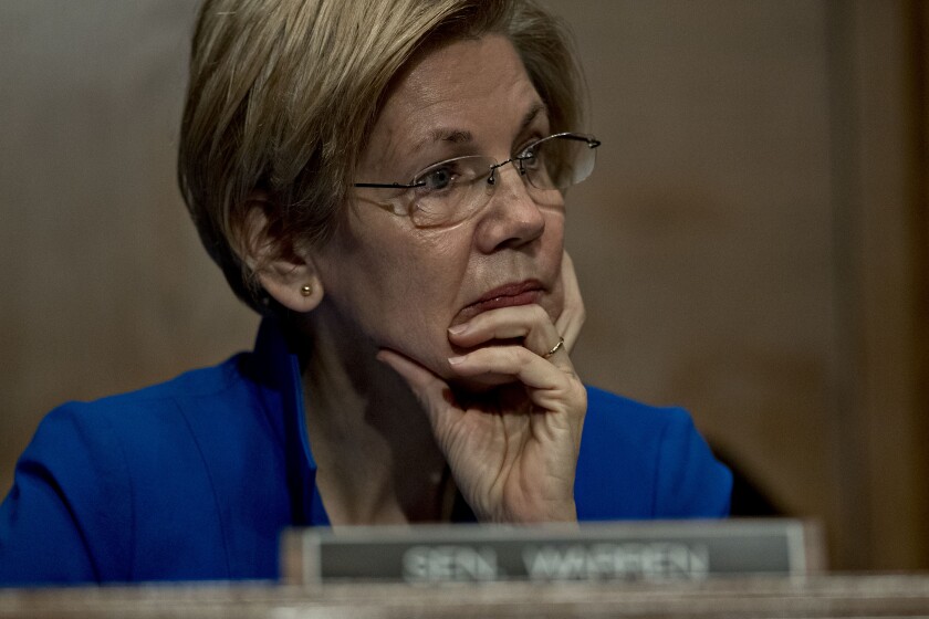 Senator Elizabeth Warren Democrat thinking Bloomberg News