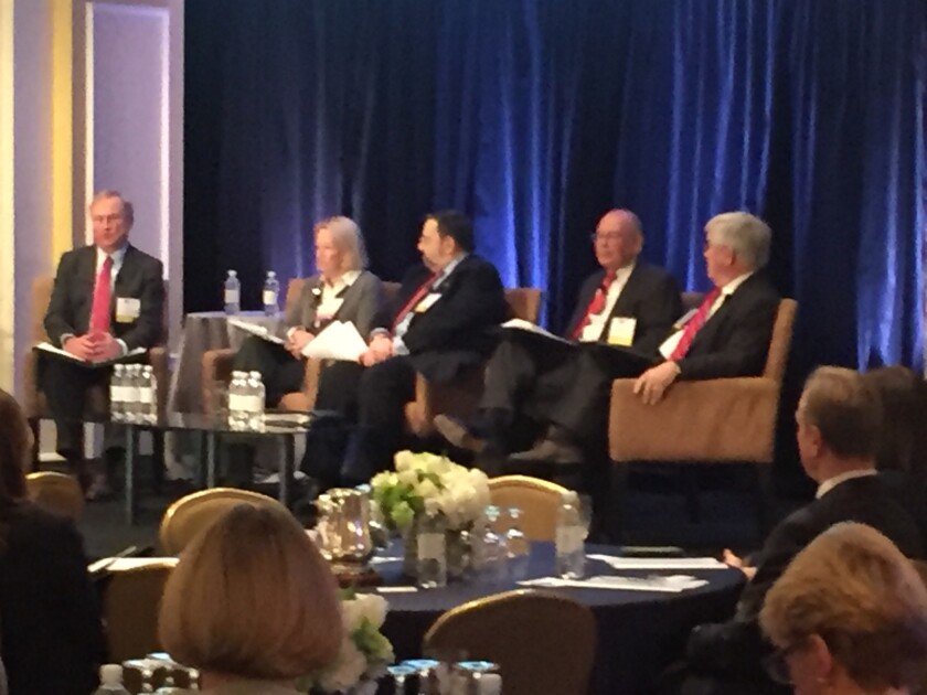 PCAOB chair James Doty (left) with former SEC chairs Mary Schapiro and Harvey Pitt and former PCAOB chairs Daniel Goelzer and Mark Olson