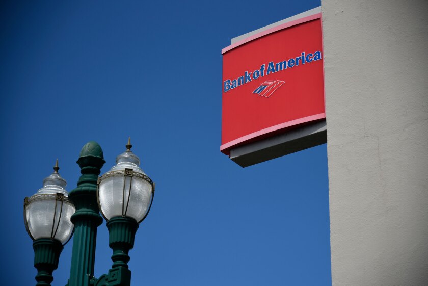 Signage is displayed outside a Bank of America branch in Alameda, California.